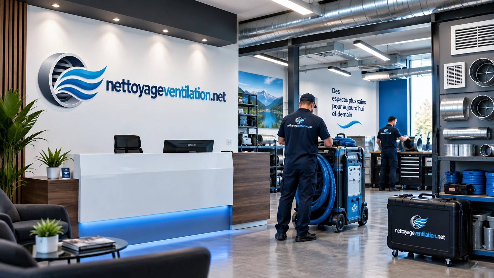 Intérieur d'un local d'entreprise de nettoyage de ventilation avec comptoir d'accueil, techniciens et unité d'aspiration mobile