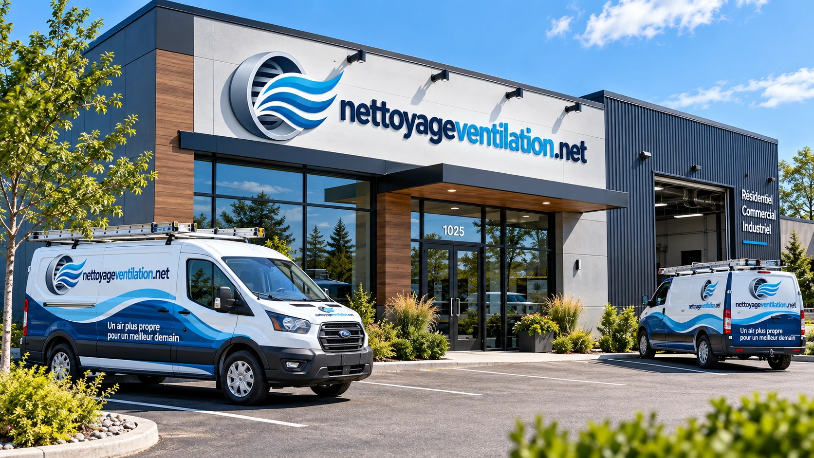 Façade d'une entreprise de nettoyage de ventilation avec deux fourgonnettes identifiées stationnées devant l'entrée