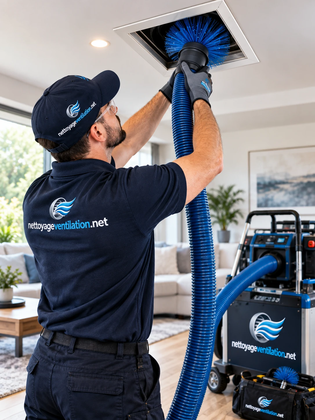Technicien brossant un conduit de ventilation au plafond d'un salon avec une brosse rotative reliée à une unité d'aspiration