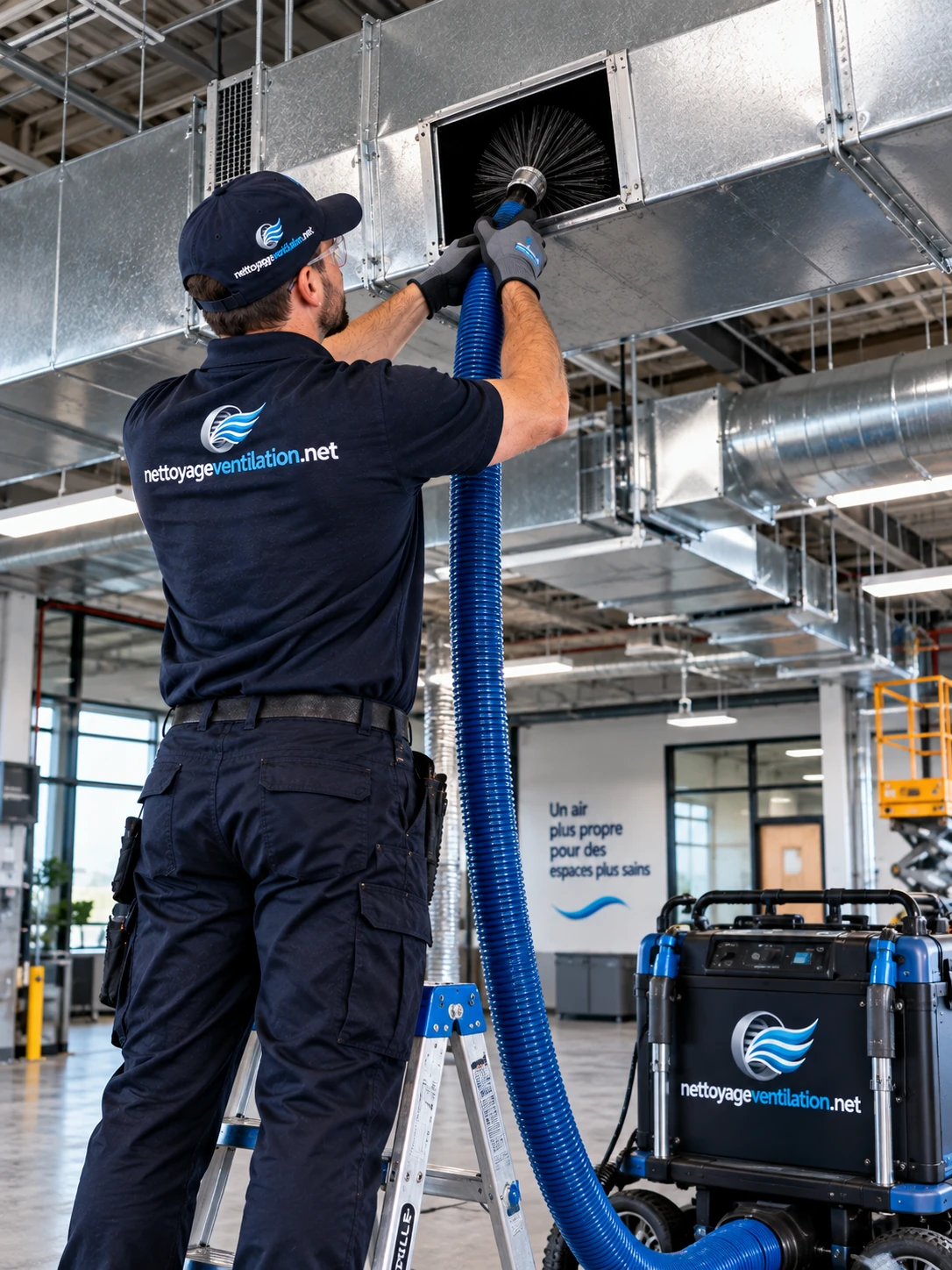Technicien sur escabeau nettoyant un conduit rectangulaire apparent dans un bâtiment commercial